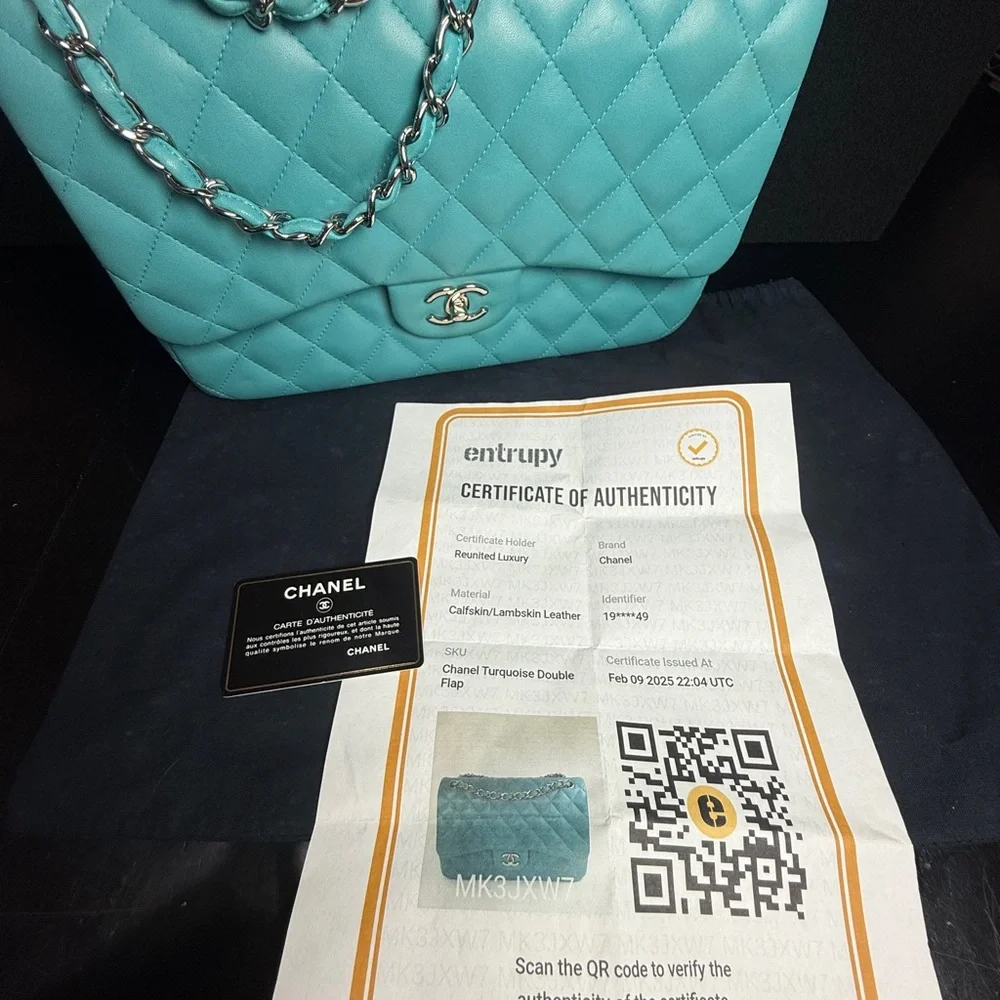 CHANEL Turquoise Quilted Double Flap Shoulder Bag with Silver Chain